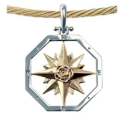 Compass Rose Pendant in Sterling Silver & 14K Gold Mix.
