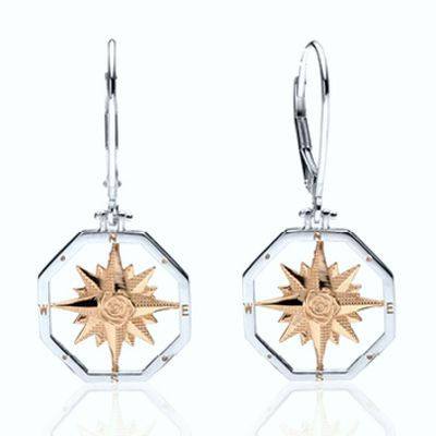 Compass Rose earrings in two tone Sterling Silver and 14K Gold.