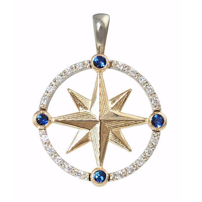 Compass Rose Pendants in 2-Tone Gold with Sapphire and Diamond.