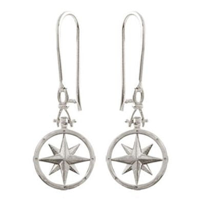 Sterling Silver Compass Rose Earrings in Dangle Style.