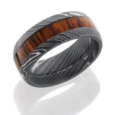 Damascus Steel and Wood Ring featuring Cocobollo Wood