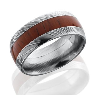 Padauk Wood Ring.  A Damascus Steel Band with a Padauk Wood Inlay.