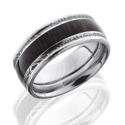 Damascus Steel Wood Ring with Wenge Wood Inlay