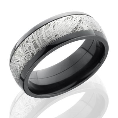 Zirconium Meteorite ring features an inlay of genuine meteorite.