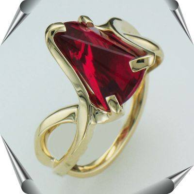 (large size)  Created Ruby Strell Cut Lighthouse Lens Ring